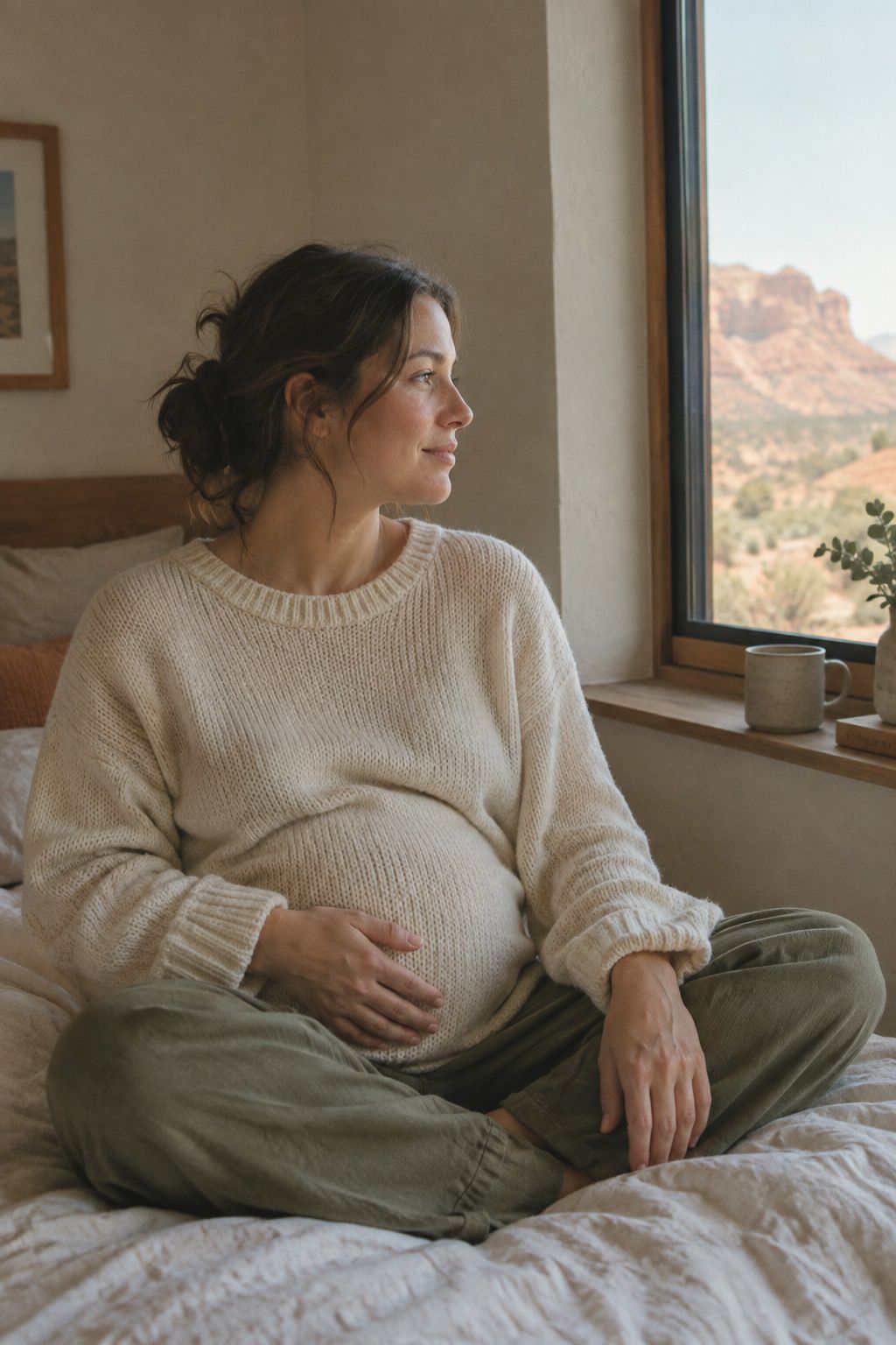 A pregnant woman sitting on a bed by a window, one hand resting on her belly.