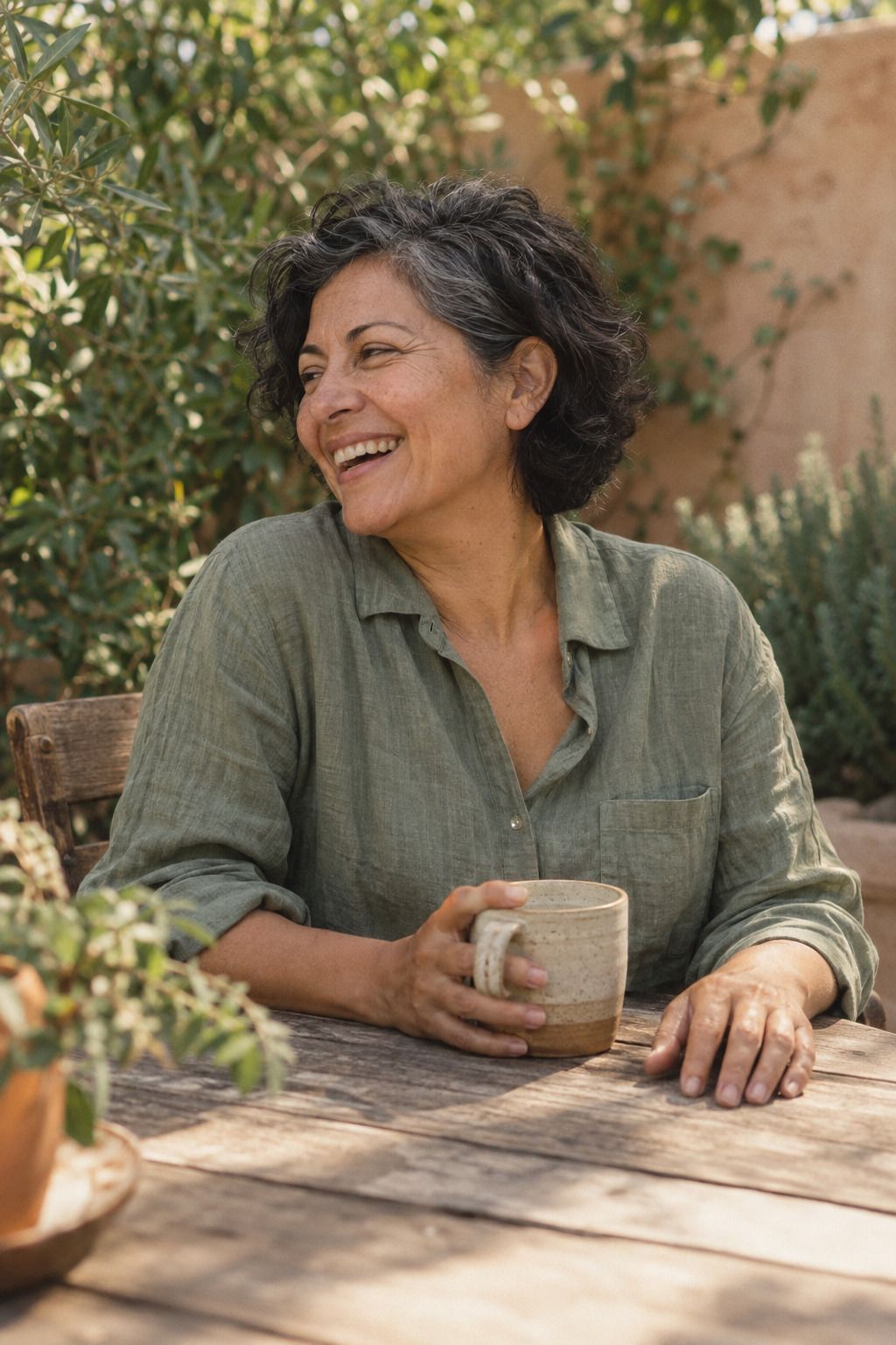 A woman in her fifties laughing at an outdoor table, holding a mug.