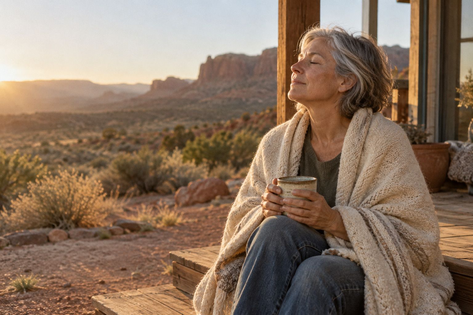 A woman with short silver hair wrapped in a blanket on a porch step, face turned toward the morning sun.