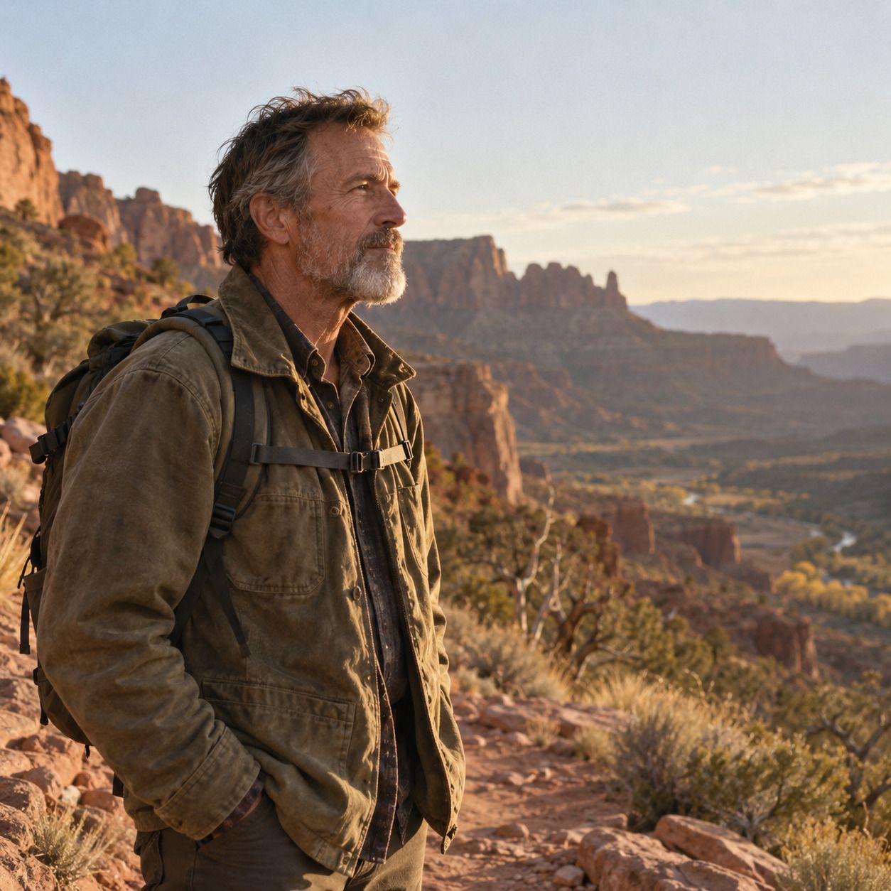 A man with a greying beard pausing on a hiking trail in red rock country.