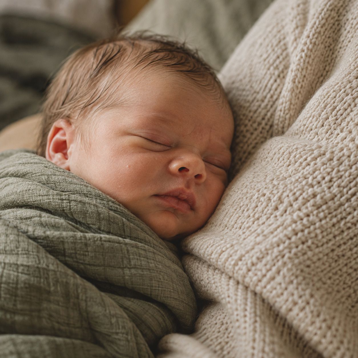A sleeping newborn wrapped in a sage-green swaddle.