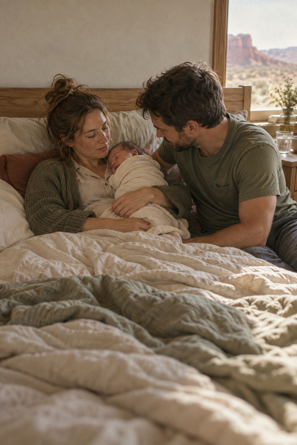 A mother resting in bed holding her swaddled newborn while her partner leans in close.